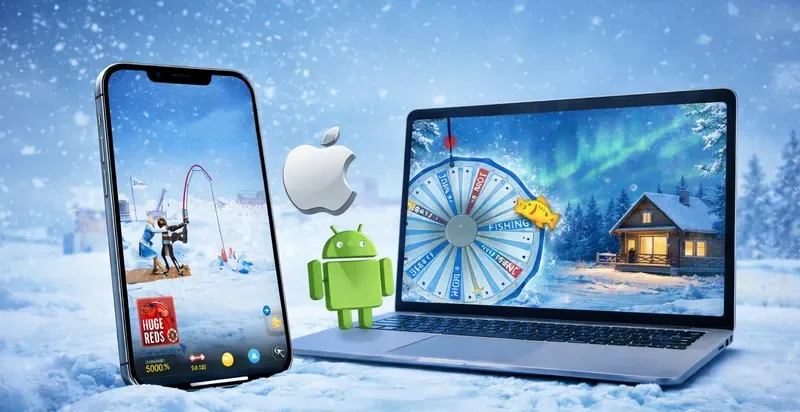 O jogo Ice Fishing num smartphone e num portátil num cenário nevado