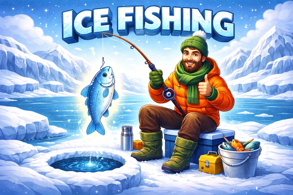 Pescador de desenho animado com um peixe brilhante — Ice Fishing em modo grátis
