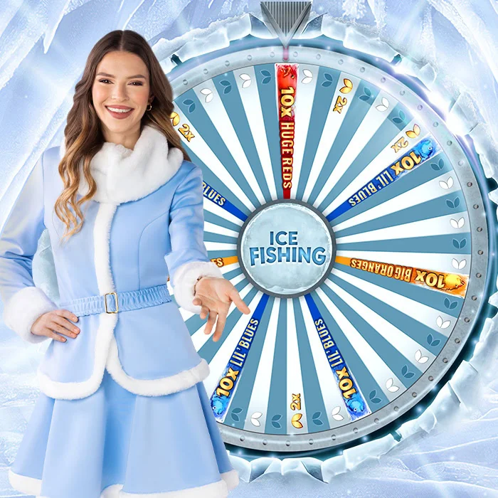 Apresentadora do Ice Fishing Live junto à roda gelada de 53 segmentos
