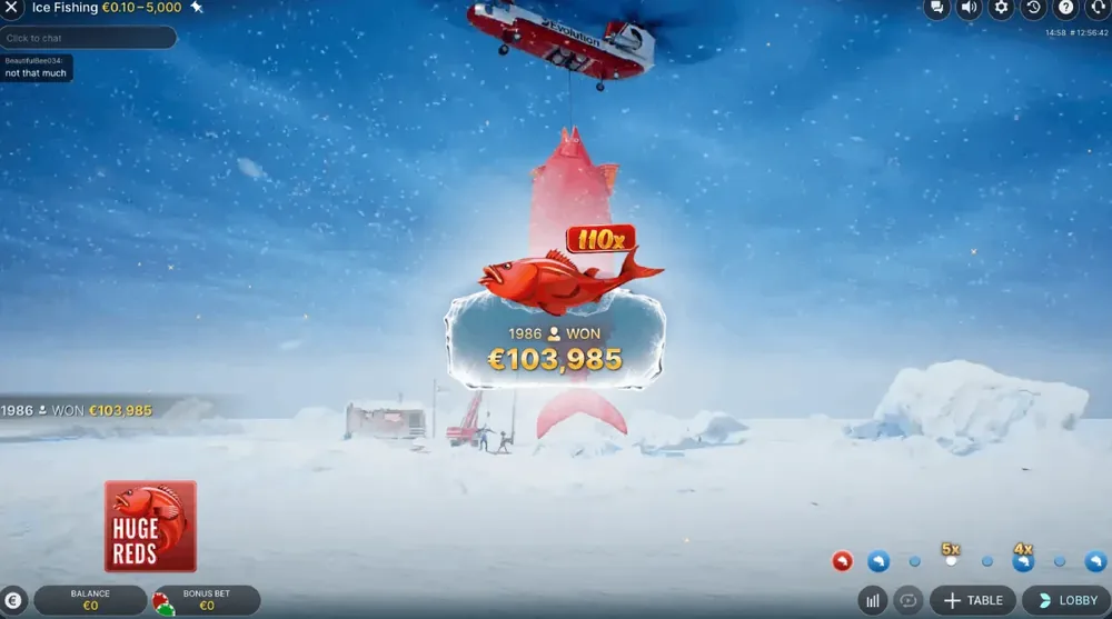 Resultado Huge Reds do Ice Fishing Live com um grande prémio multiplicado